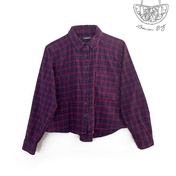 Wild Fable / Cropped Oversize Flannel Plaid Shirt / Size XS / Color Blue Red - Picture 3 of 6